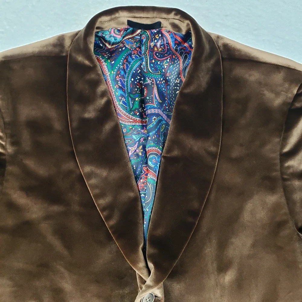 Tallia Mens Brown Velvet Shawl Lapel Blazer Paisley Lining 48R Smoking Jacket